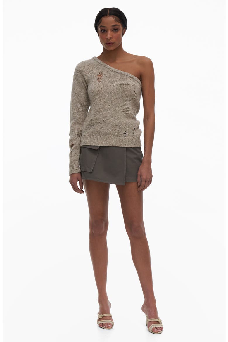 Distressed One-Shoulder Sweater, Alternate, color, SANDSTORM