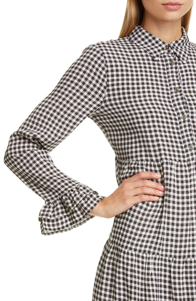 Ganni Gingham Print Crepe Long Sleeve Midi Dress, Alternate, color, 