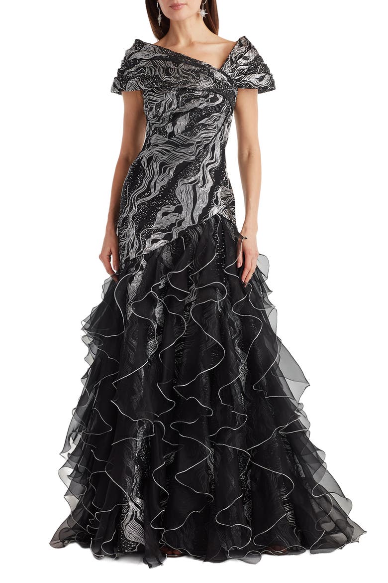 Jacquard Lace & Ruffle Gown, Main, color, SILVER/ BLACK