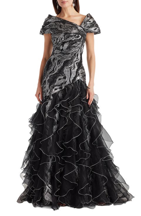 Jacquard Lace & Ruffle Gown
