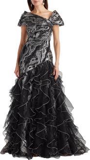 Tadashi Shoji Jacquard Lace & Ruffle Gown