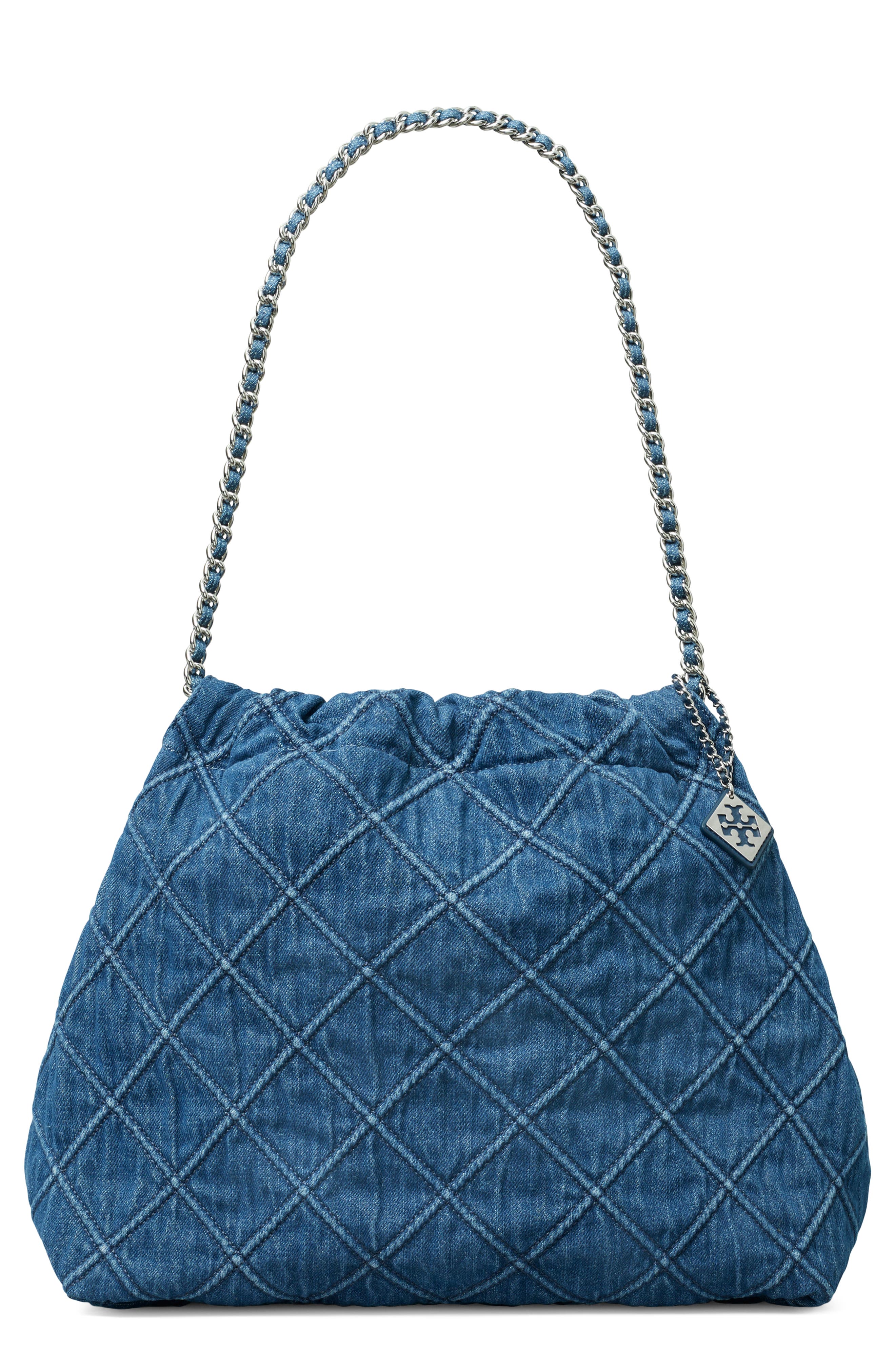 Tory Burch Fleming Soft Quilted Denim Hobo Bag, Main, color, Denim
