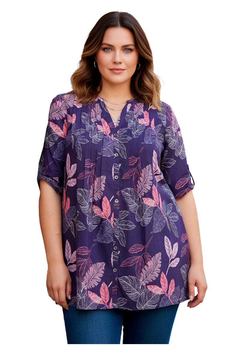 Pintuck Tunic Blouse Y-Neck & Roll-Tab Sleeves, Main, color, MIDNIGHT VIOLET PALM LEAVES