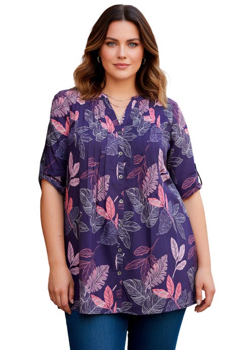 Pintuck Tunic Blouse Y-Neck & Roll-Tab Sleeves (Plus)