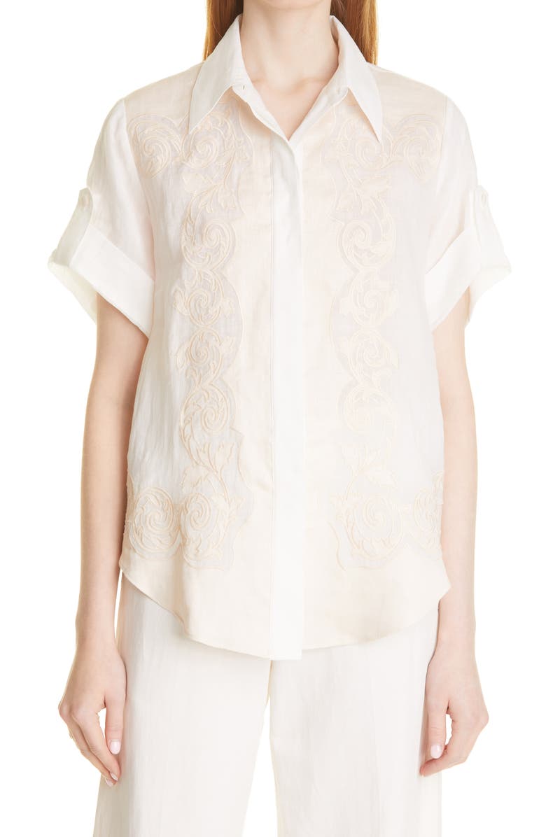 ALEMAIS Burning Love Linen Appliqué Ramie Short Sleeve Shirt, Main, color,