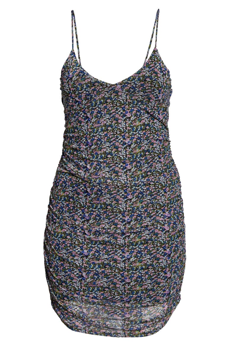 Print Ruched Mesh Minidress, Alternate, color, BLACK- BLUE MAISEY DITSY