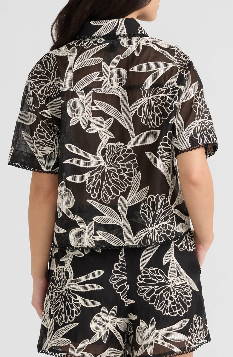 NVLT Embroidered Georgette Short Sleeve Camp Shirt, Alternate, color, Black/ Cream