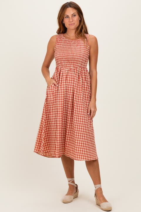 Gingham Smocked Sleeveless Midi Dress