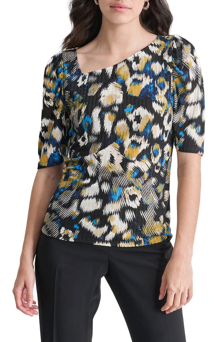 DKNY Abstract Print Asymmetric Neck Rib Top, Main, color, 