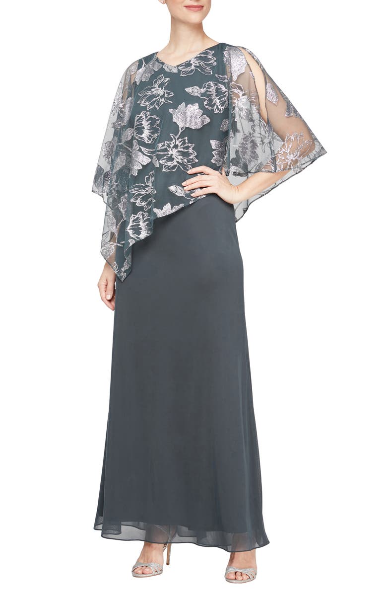 SL FASHIONS Metallic Chiffon Overlay Gown, Main, color, 