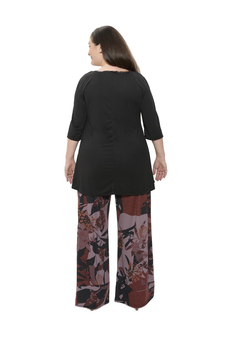 Plus Size Floral Print Scoop Neck Elbow Sleeve Swing Tunic Top and Pant Set, Alternate, color, Brown Multi