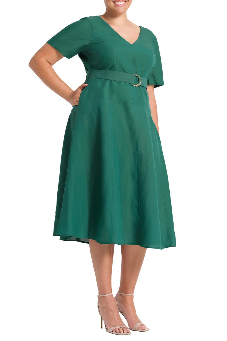 Aelin Linen Blend Fit & Flare Midi Dress, Alternate, color, JADE