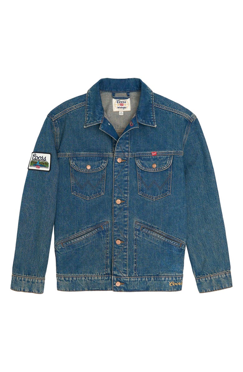 Wrangler Logo Patch Denim Trucker Jacket, Alternate, color, Indigo Buff