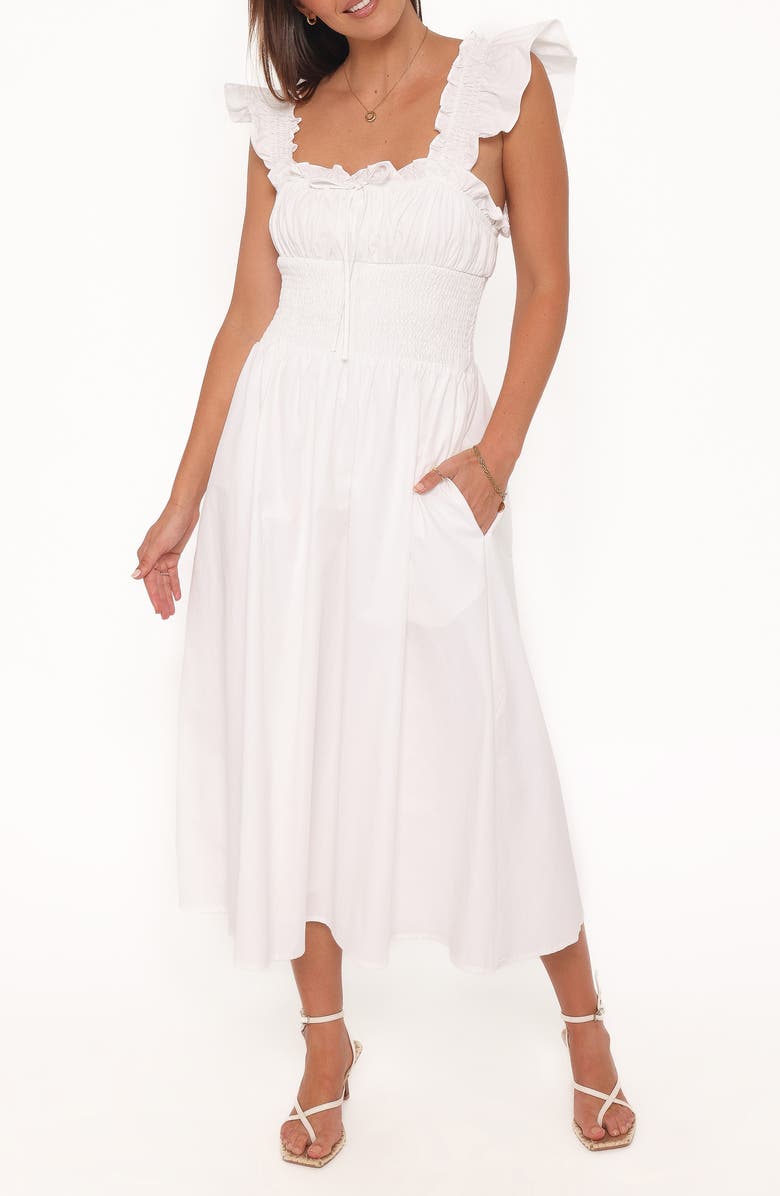 Petal & Pup Bronte Ruffle Strap Midi Dress, Main, color, White