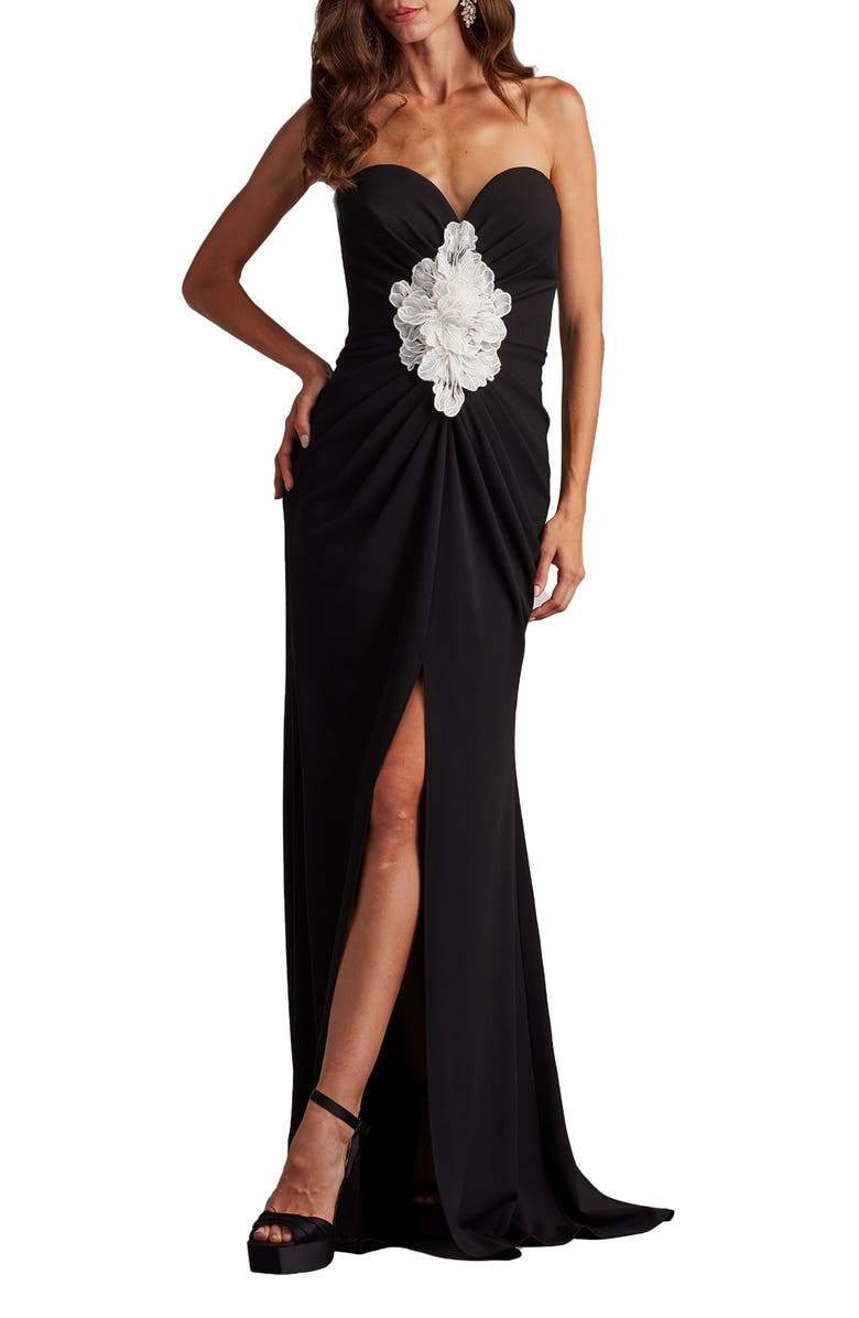 Tadashi Shoji 3D Flower Ruched Strapless Gown, Main, color, Black/ Ivory