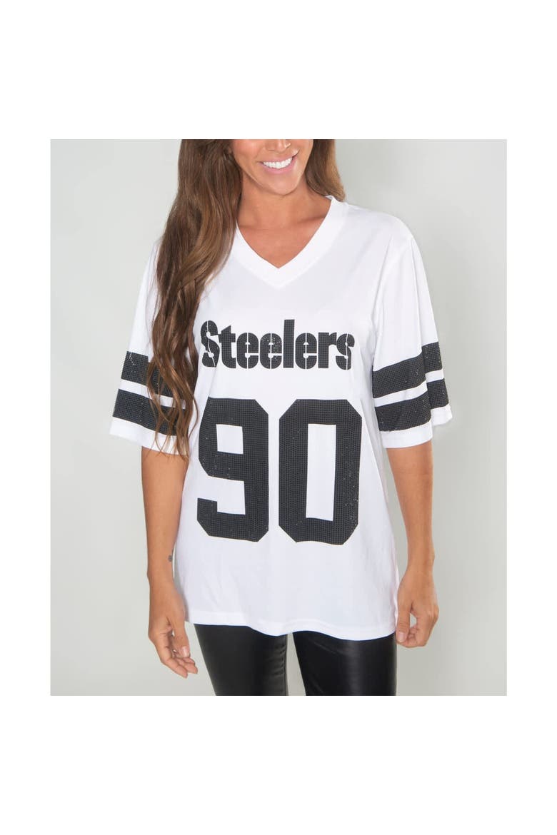 Women's Cuce T.J. Watt White Pittsburgh Steelers Crystal V-Neck Tunic, Main, color, White