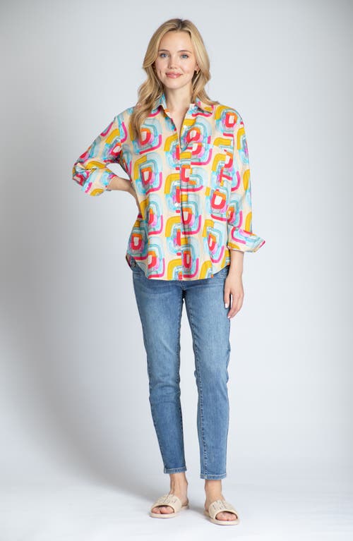 Apny Oversize Feather Print Button-up Shirt In Yellow Multi