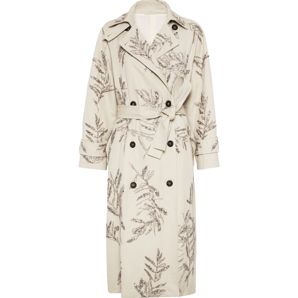 Brunello Cucinelli Cotton-linen Floral Trench Coat In Beige