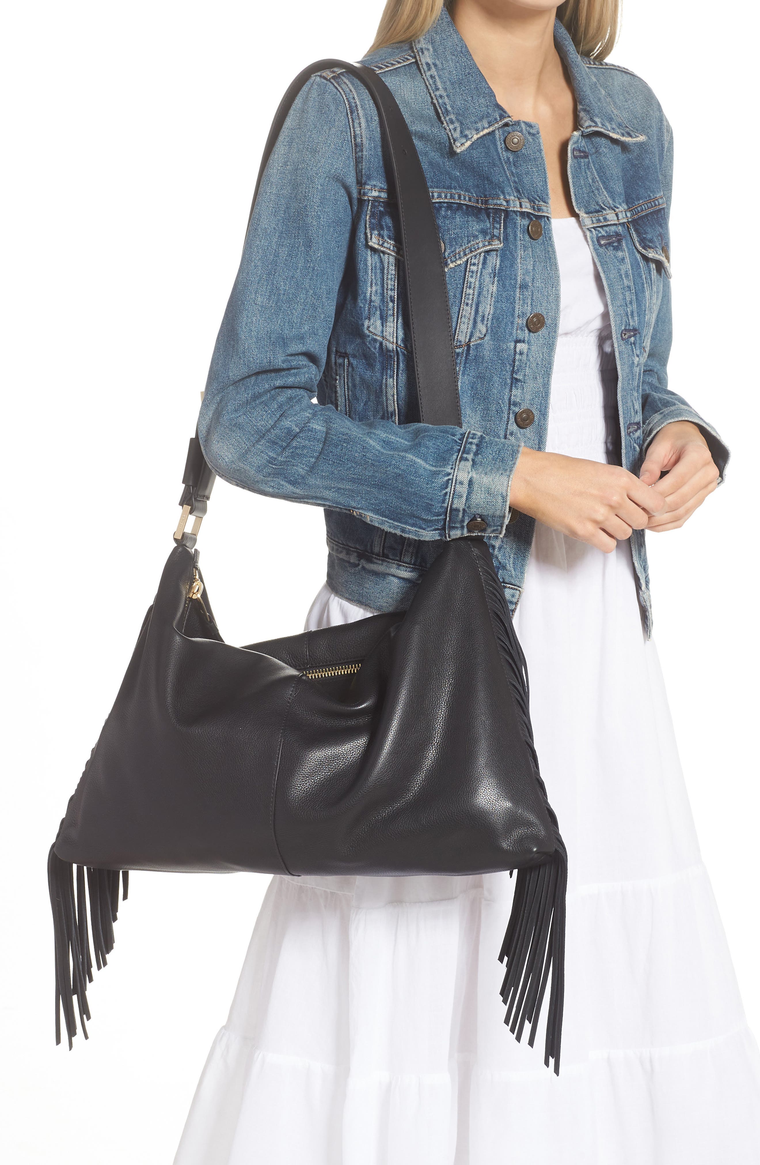 AllSaints Edbury Fringe Leather Shoulder Bag, Alternate, color, 