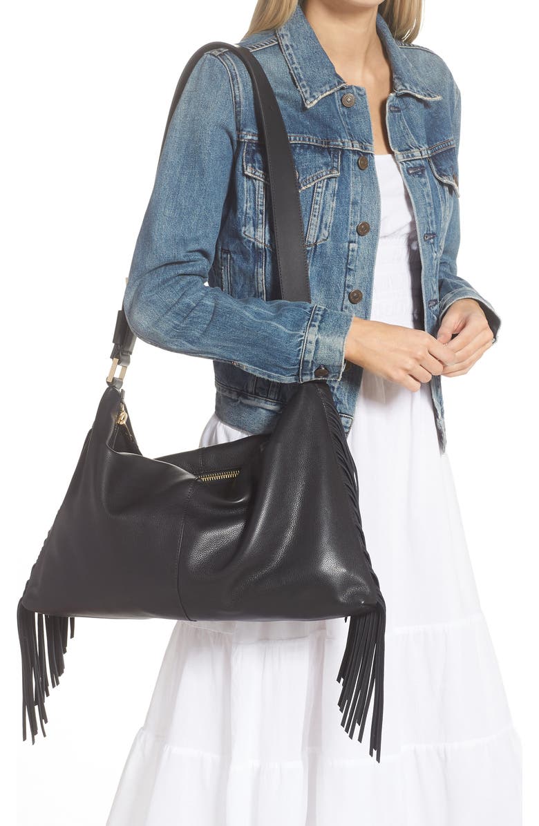 AllSaints Edbury Fringe Leather Shoulder Bag, Alternate, color,