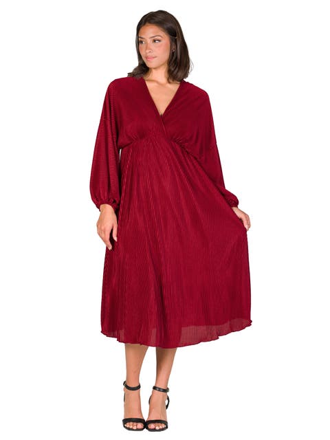Shimmer Pleated V-neck Empire Waist Bishop Sleeve Midi Dress