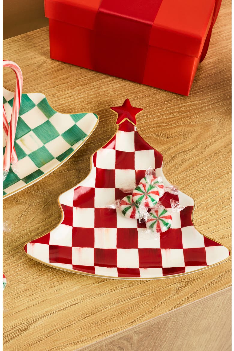 Cherry Check Christmas Tree Trinket Tray, Alternate, color, RED