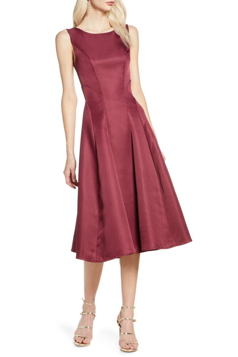 Bracken Satin Fit & Flare Cocktail Dress, Main, color, BURGUNDY