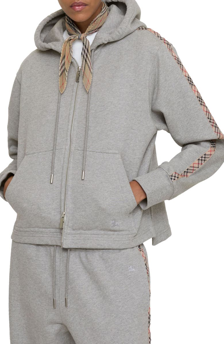 Burberry Harper Check Tape French Terry Full Zip Hoodie, Alternate, color, Pale Grey Melange