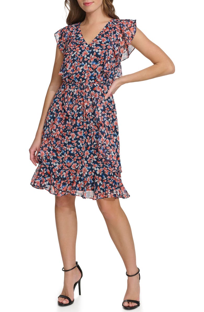 Tommy Hilfiger Floral Flutter Sleeve Chiffon Fit & Flare Dress, Alternate, color,