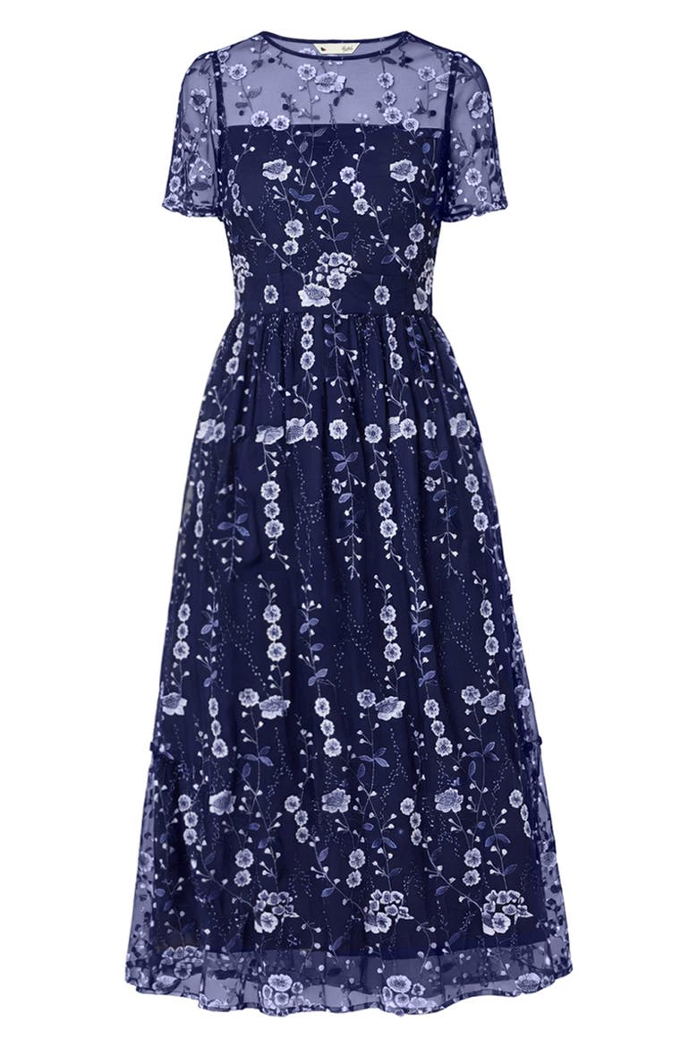 Embroidered Mesh Midi Dress, Alternate, color, Navy