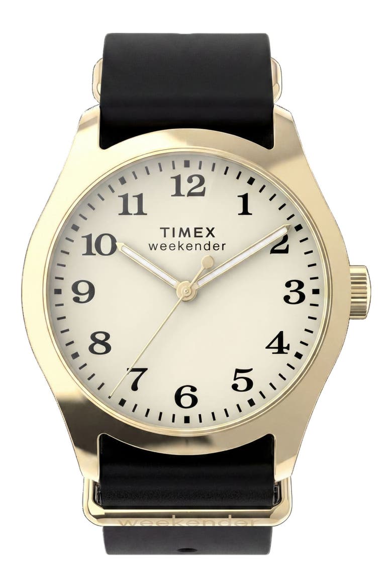Weekender Leather Strap Watch, 34mm, Main, color, BLACK