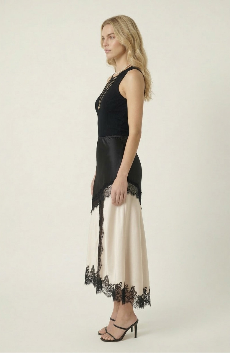 Modenaire Lace Trim Asymmetric Satin Midi Skirt with Contrast Panel, Alternate, color, Beige