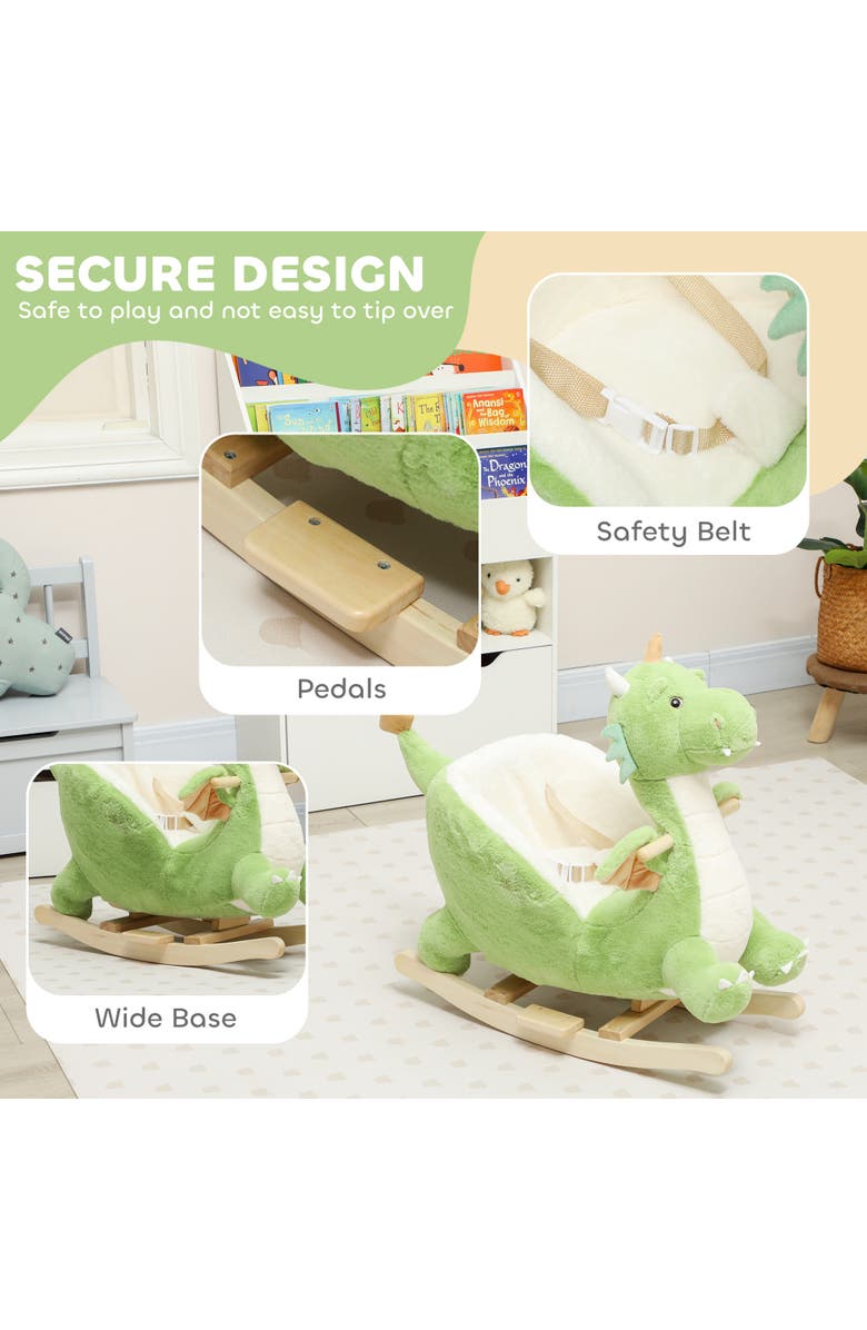 Qaba Baby Rocking Horse Ride Dinosaur Kids Ride On Toy with Realistic Sound and Safety Belt Plush Animal Rocker for Kids, Alternate, color, Green