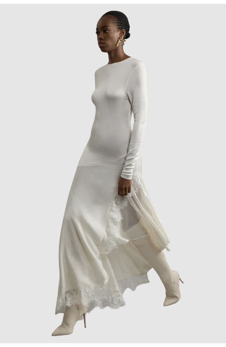 Karen Millen Petite Slinky Lace Asymmetric Maxi Dress, Main, color, Cream