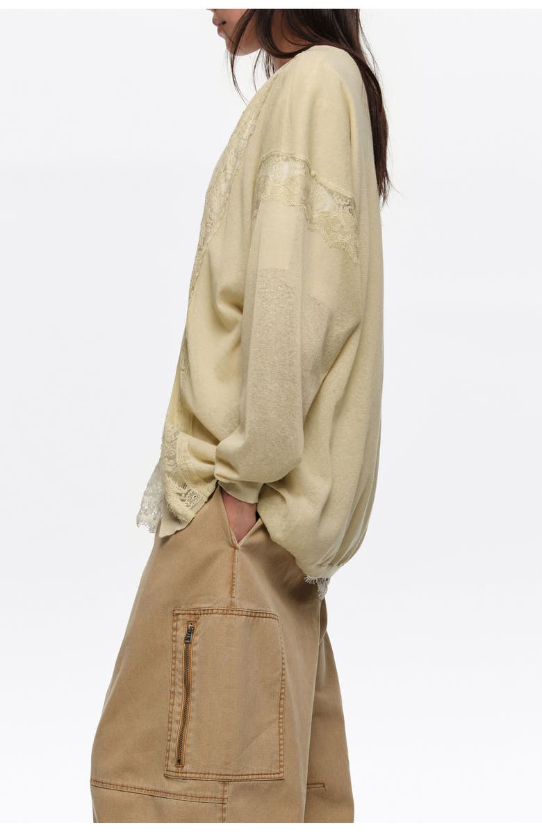 Bimba y Lola Long Cotton and Linen Cardigan With Lace Trim, Alternate, color, Light Green