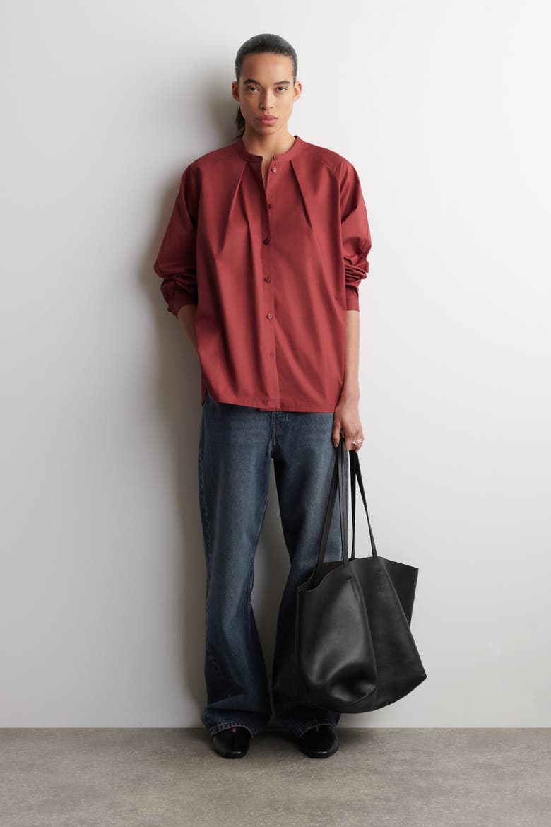 Grandad-Collar Cotton Shirt, Alternate, color, RED