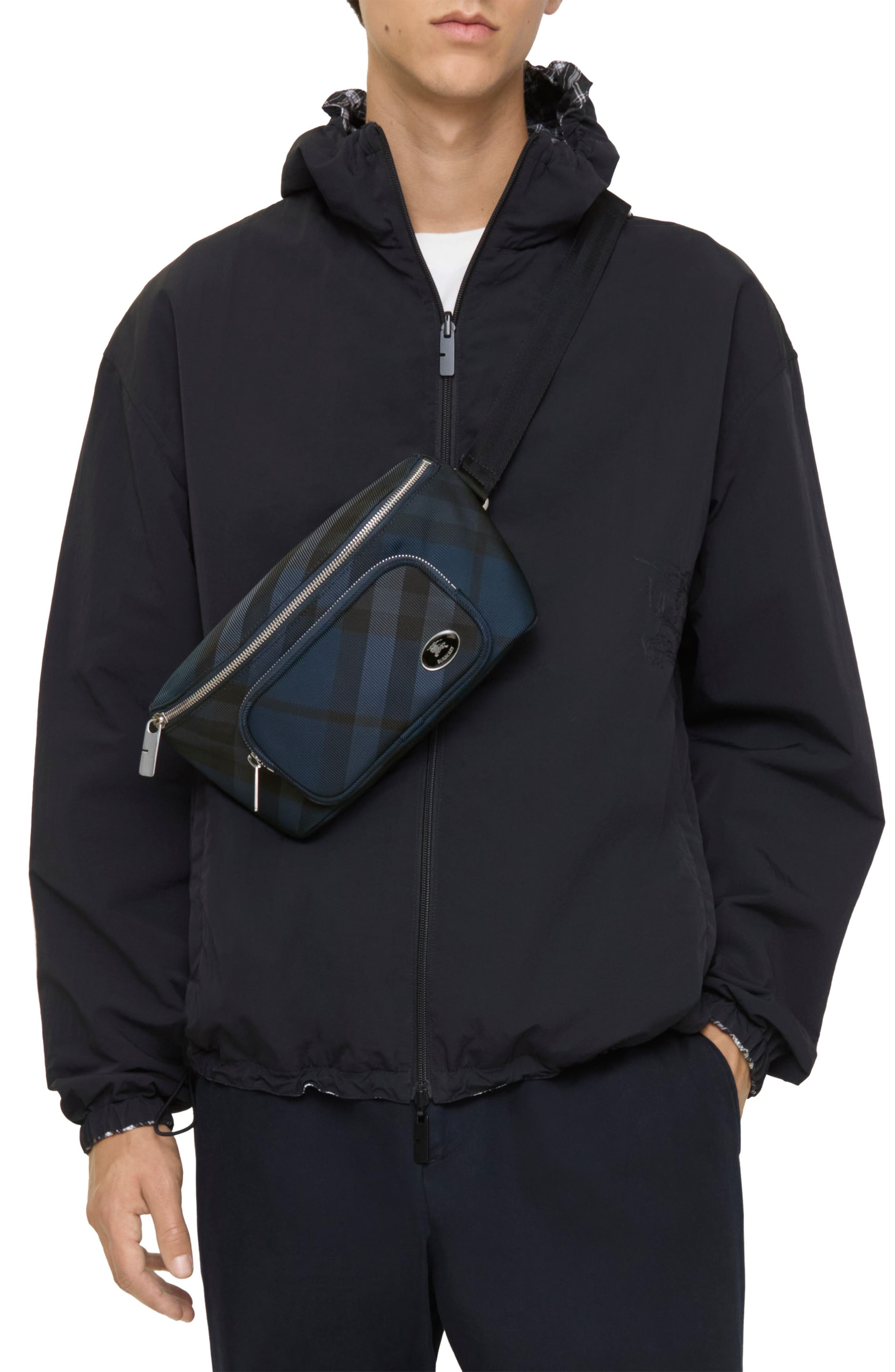 Burberry Grid Check Nylon Belt Bag, Alternate, color, Navy