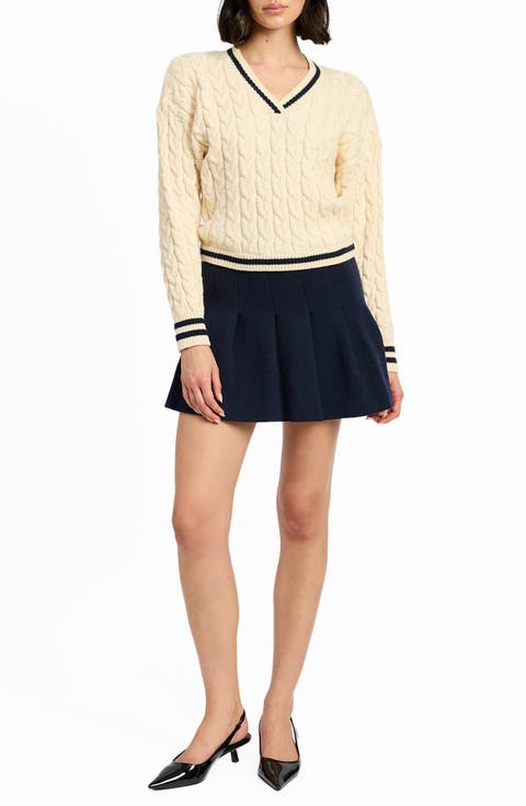 Collegiate Pleated Long Sleeve Cable Stitch Mini Sweater Dress