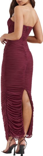 Gradient Color Strapless Ruched Mesh Gown