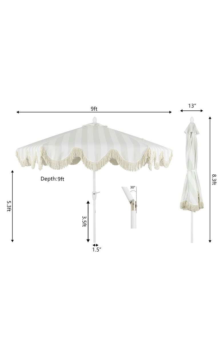 JONATHAN Y Collins 9 ft. Classic Cottage Fringe Tassel Market Patio Umbrella with Auto-Tilt Crank, Alternate, color, Light Gray - White Pole