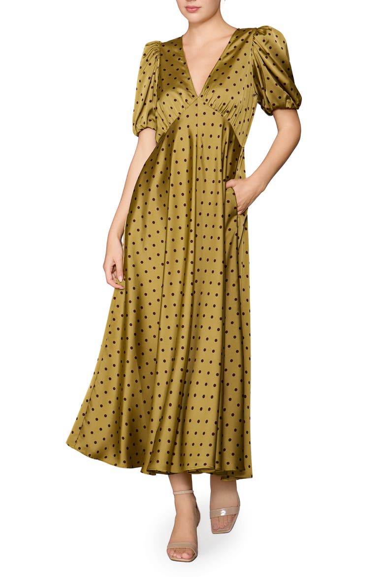 Polka Dot Satin Maxi Dress, Main, color, OLIVE/ BROWN