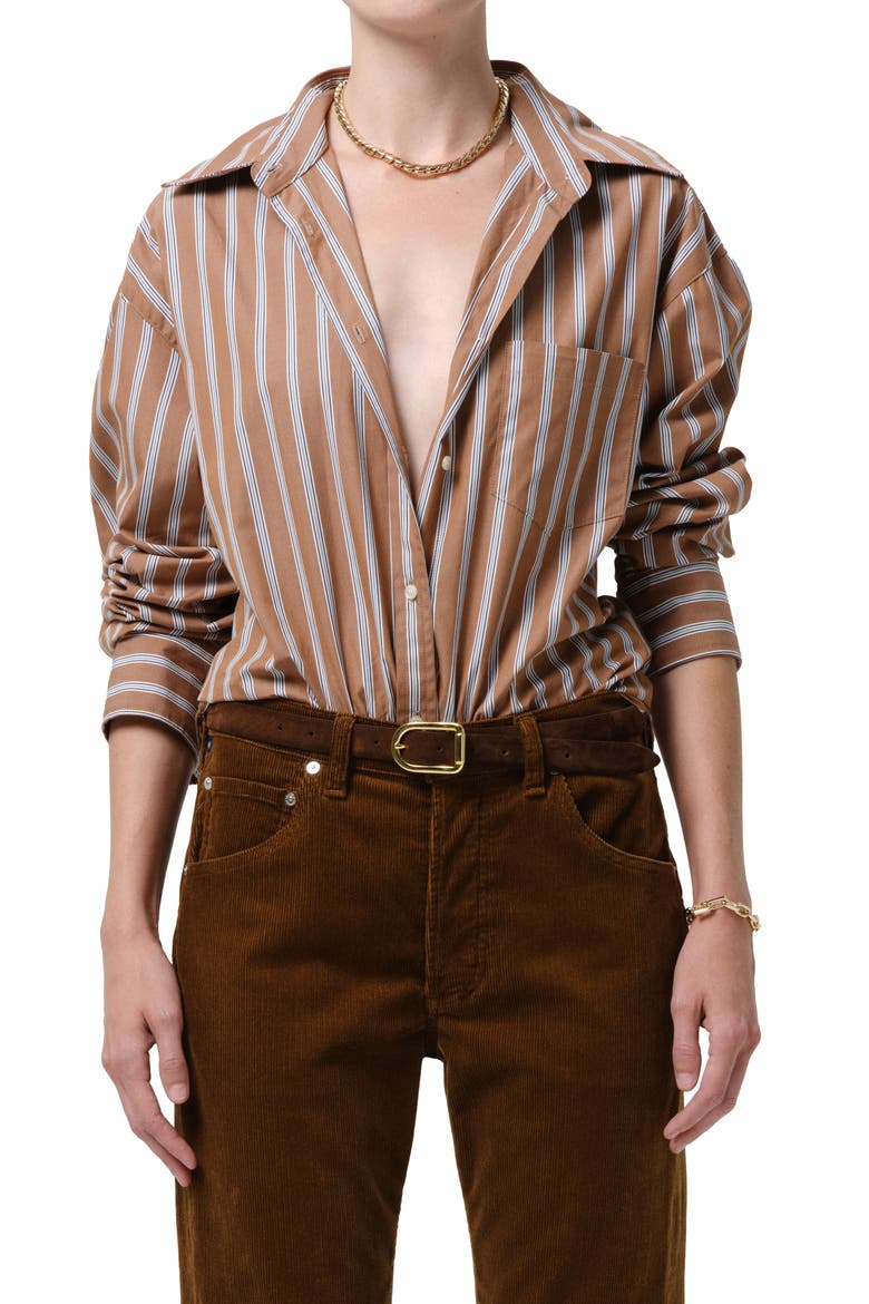 Thea Striped Boyfriend Shirt, Alternate, color, COPPER STRIPE ORGANIC BROWN