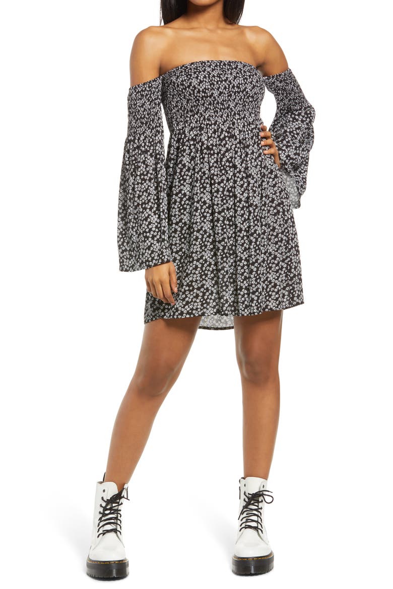 Picking Daisies Smocked Off the Shoulder Minidress, Main, color, BLACK FLORAL PRINT