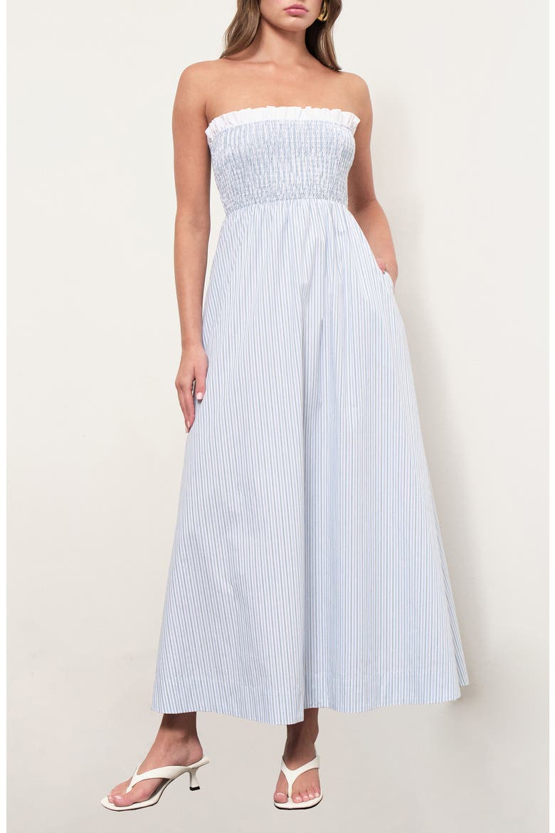 Alicia Stripe Ruffle Trim Strapless Midi Dress, Main, color, BLUE GREEN STRIPE