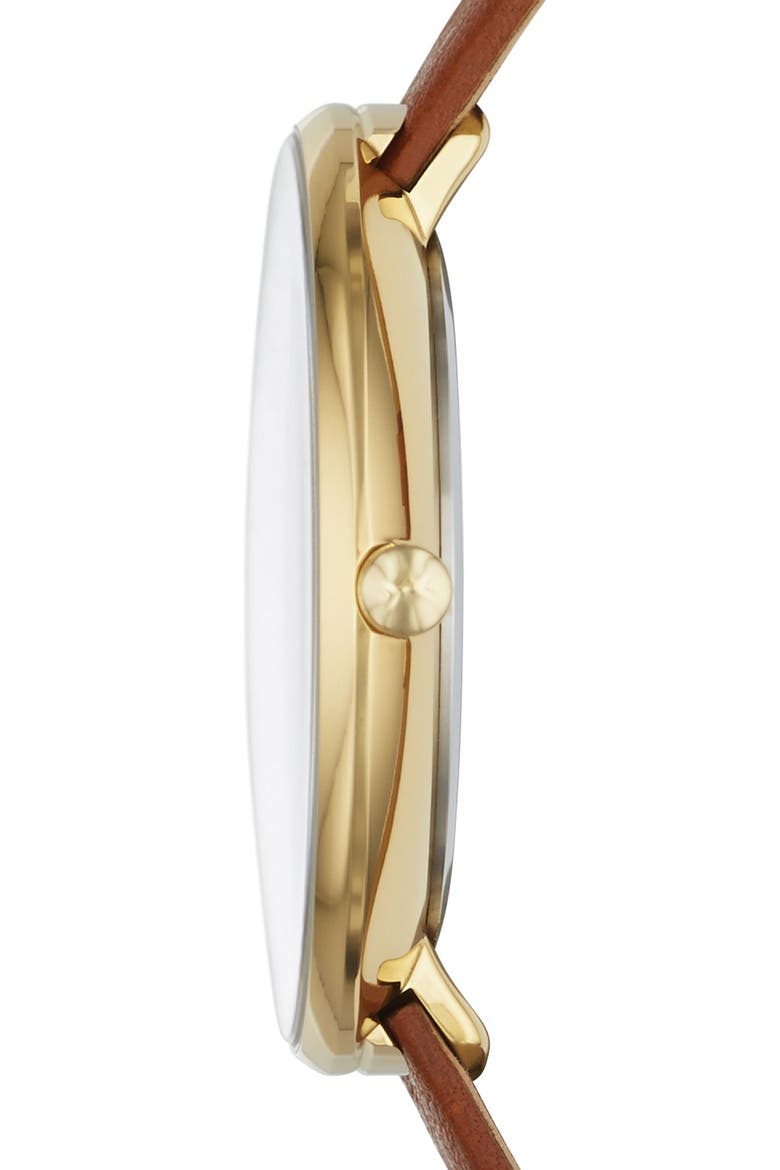 'Gitte' Round Slim Leather Strap Watch, 38mm, Alternate, color, SADDLE/ GOLD