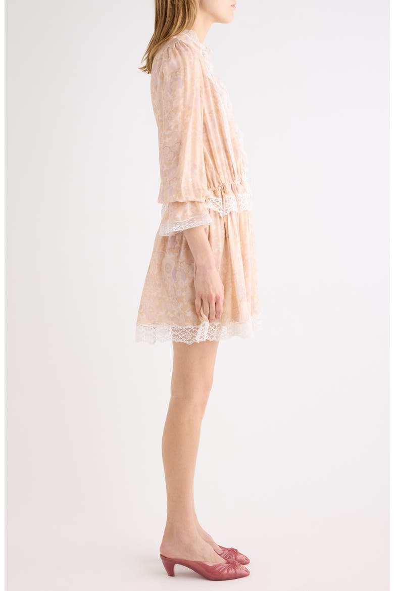 Floral Long Sleeve Silk Charmeuse & Lace Minidress, Alternate, color, MULTICOLOR PINK 1