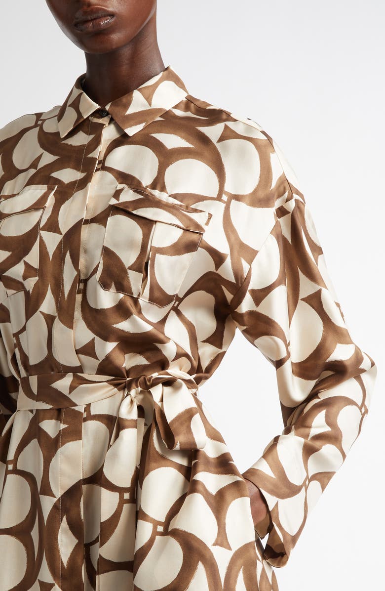 Max Mara Ileana Print Long Sleeve Silk Shirtdress, Alternate, color, Ecru