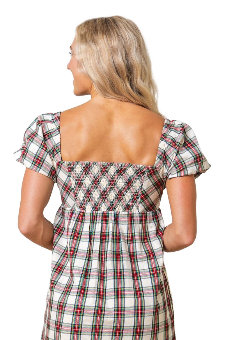 Women's Organic Puff Sleeve Crossover Dress, Alternate, color, Ivory Holiday Tartan