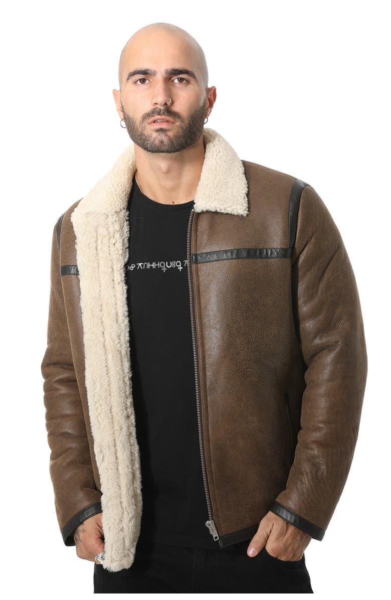 Furniq UK Hugh Leather Shearling Jacket, Alternate, color, Camel Brown