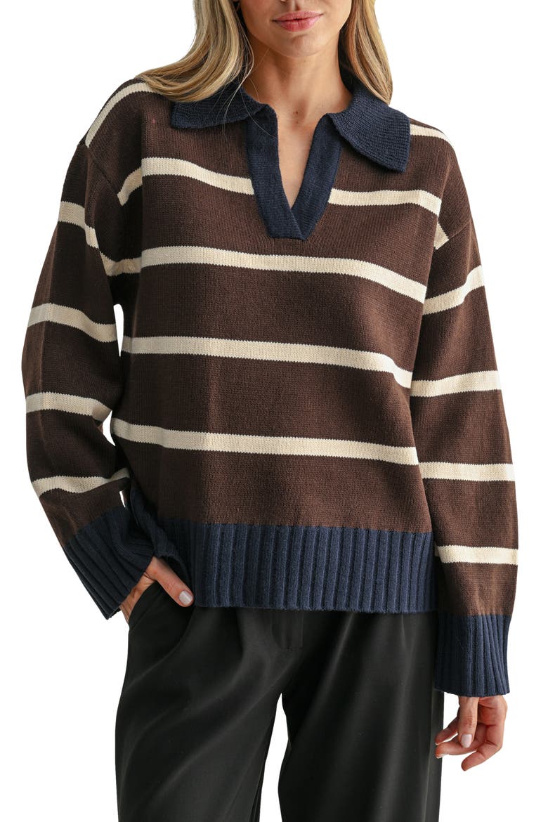 Striped Polo Sweater, Main, color, BROWN CREAM NAVY